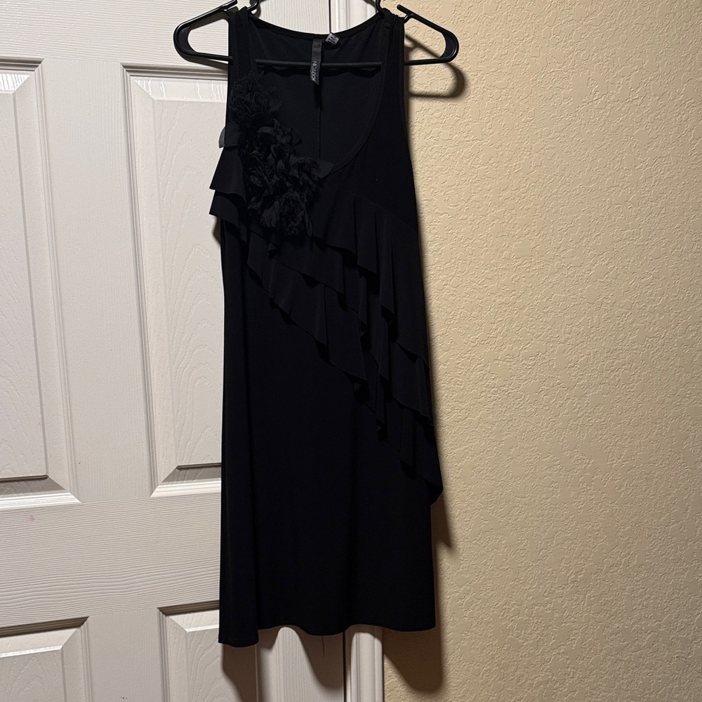 Sleeveless Black Ruffle Shift Dress with Floral Detail